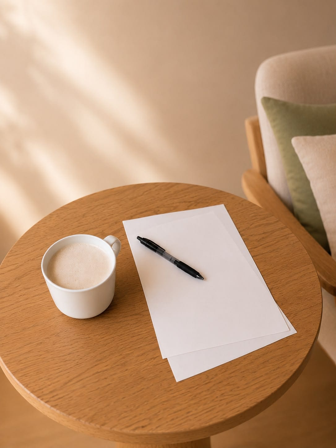 Eine Tasse, Notizblätter und ein Stift auf einem runden Holztisch