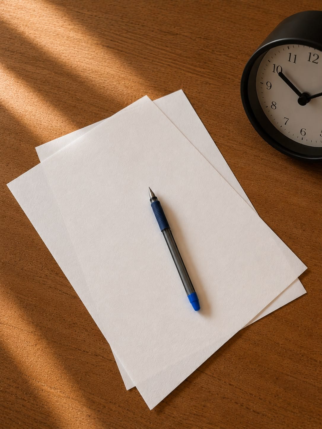 Notizblätter und ein Stift neben einer Uhr auf einem Holztisch